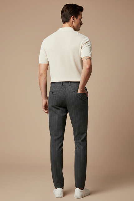 Pantalon Chino Gris Rayé Élégant Slim Homme - Laine - vue 2