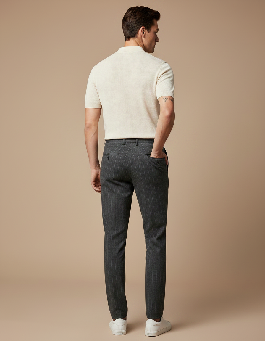 Pantalon Chino Gris Rayé Élégant Slim Homme - Laine - vue 2