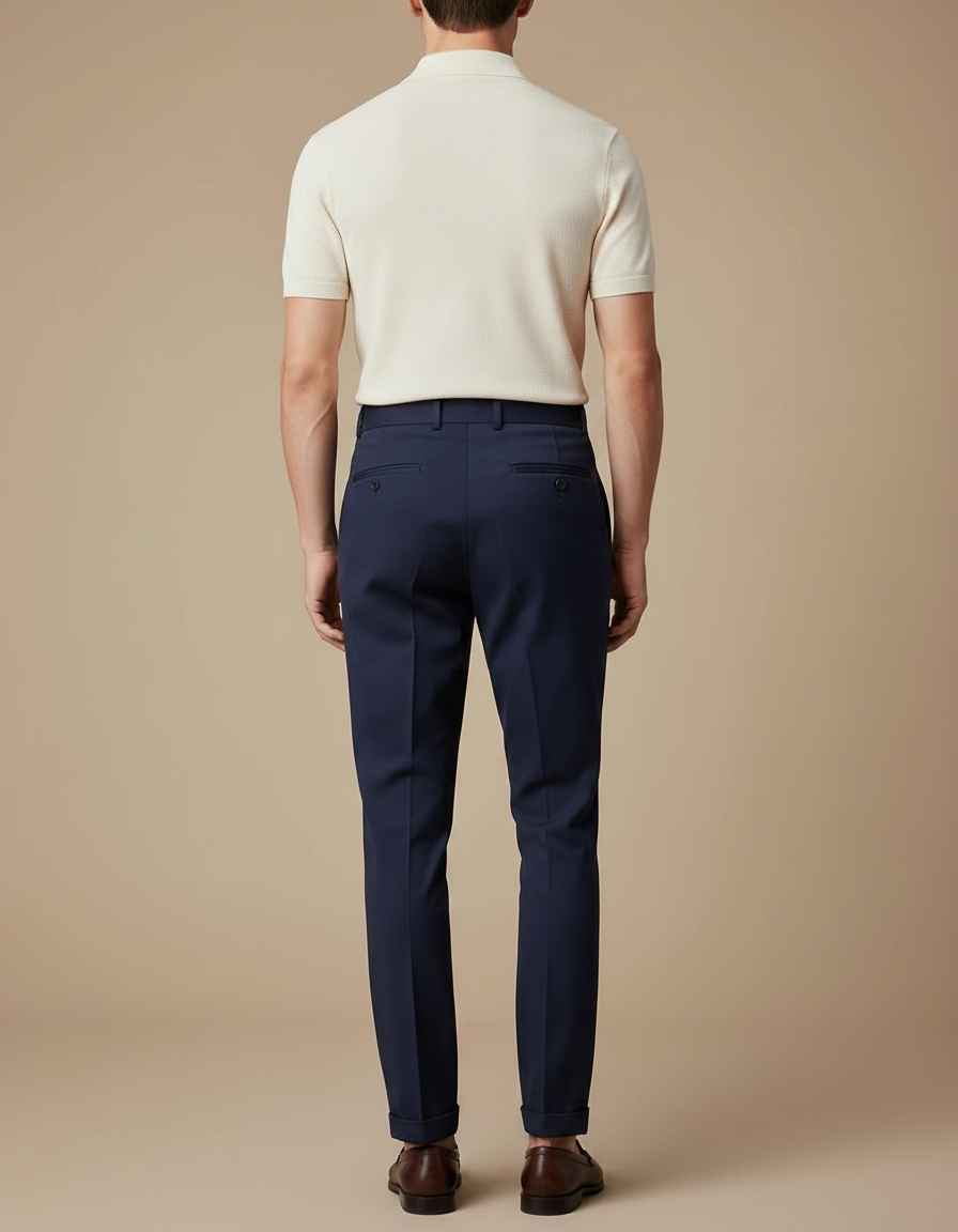 Pantalon Chino Homme Bleu Marine Taille Haute Plissé Élégant - Gabardine - vue 2