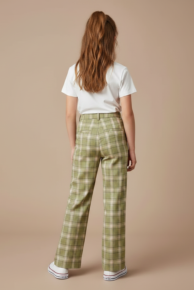 Pantalon Chino Vert Carreaux Ample Décontracté Fille - Gabardine - vue 2