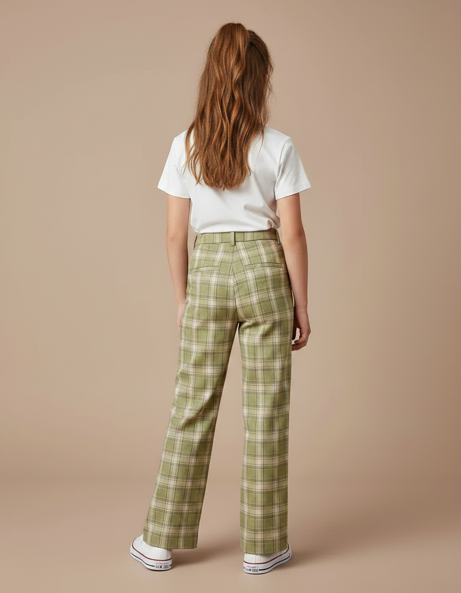 Pantalon Chino Vert Carreaux Ample Décontracté Fille - Gabardine - vue 2