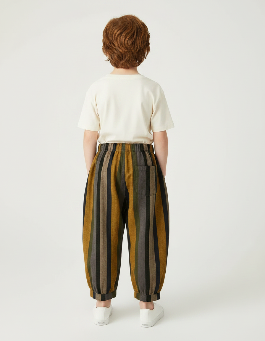 Pantalon Chino Rayé Ample Élastiqué Enfant - Multicolore Lin - vue 2