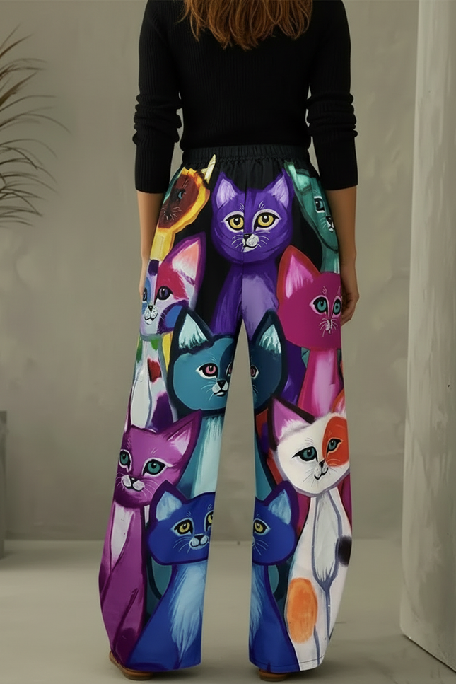 Pantalon Chino Large Imprimé Chats Coloré Décontracté - Multicolore Polyester - vue 2