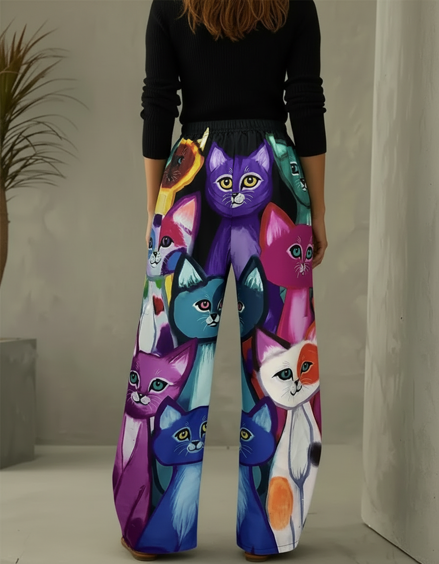 Pantalon Chino Large Imprimé Chats Coloré Décontracté - Multicolore Polyester - vue 2