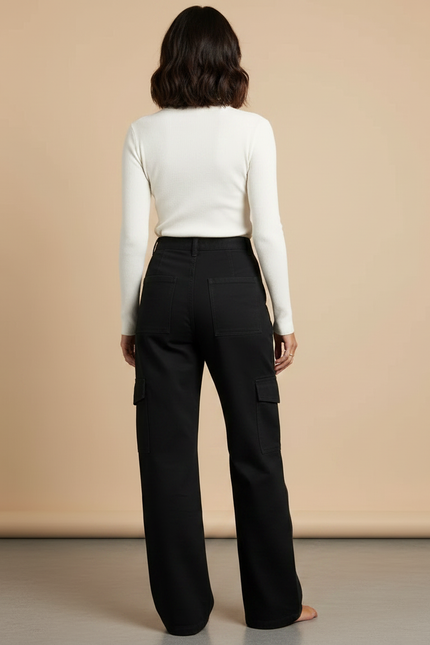 Pantalon Chino Noir Ample Cargo Décontracté Femme - Gabardine - vue 2