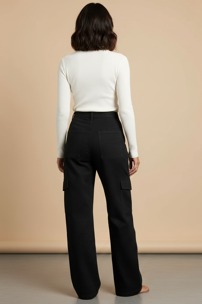 Pantalon Chino Noir Ample Cargo Décontracté Femme - Gabardine - vue 2