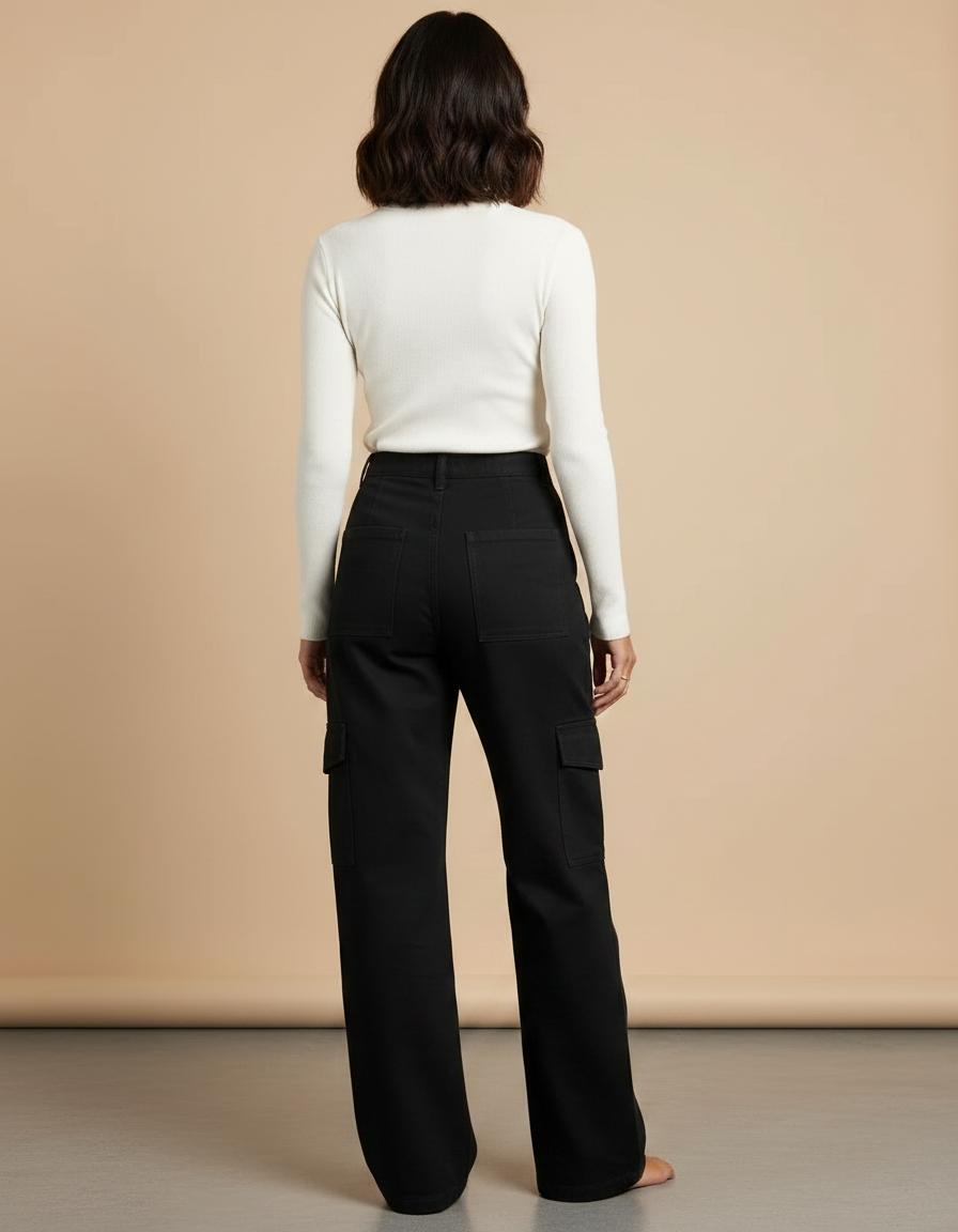 Pantalon Chino Noir Ample Cargo Décontracté Femme - Gabardine - vue 2