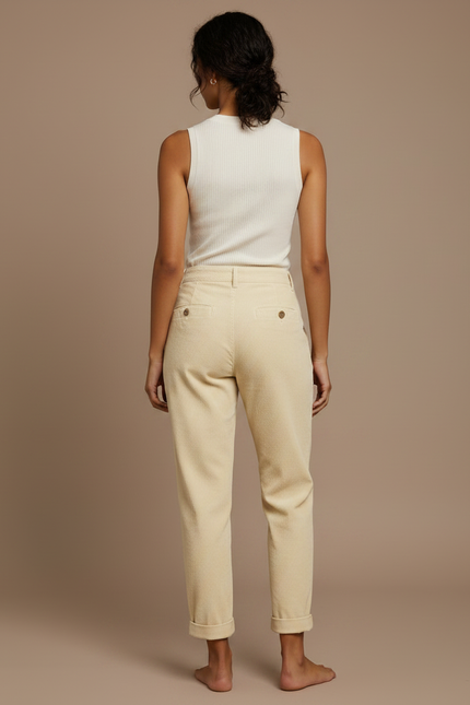 Pantalon Chino Velours Côtelé Écru Droit Décontracté Femme - Beige Cordé - vue 2