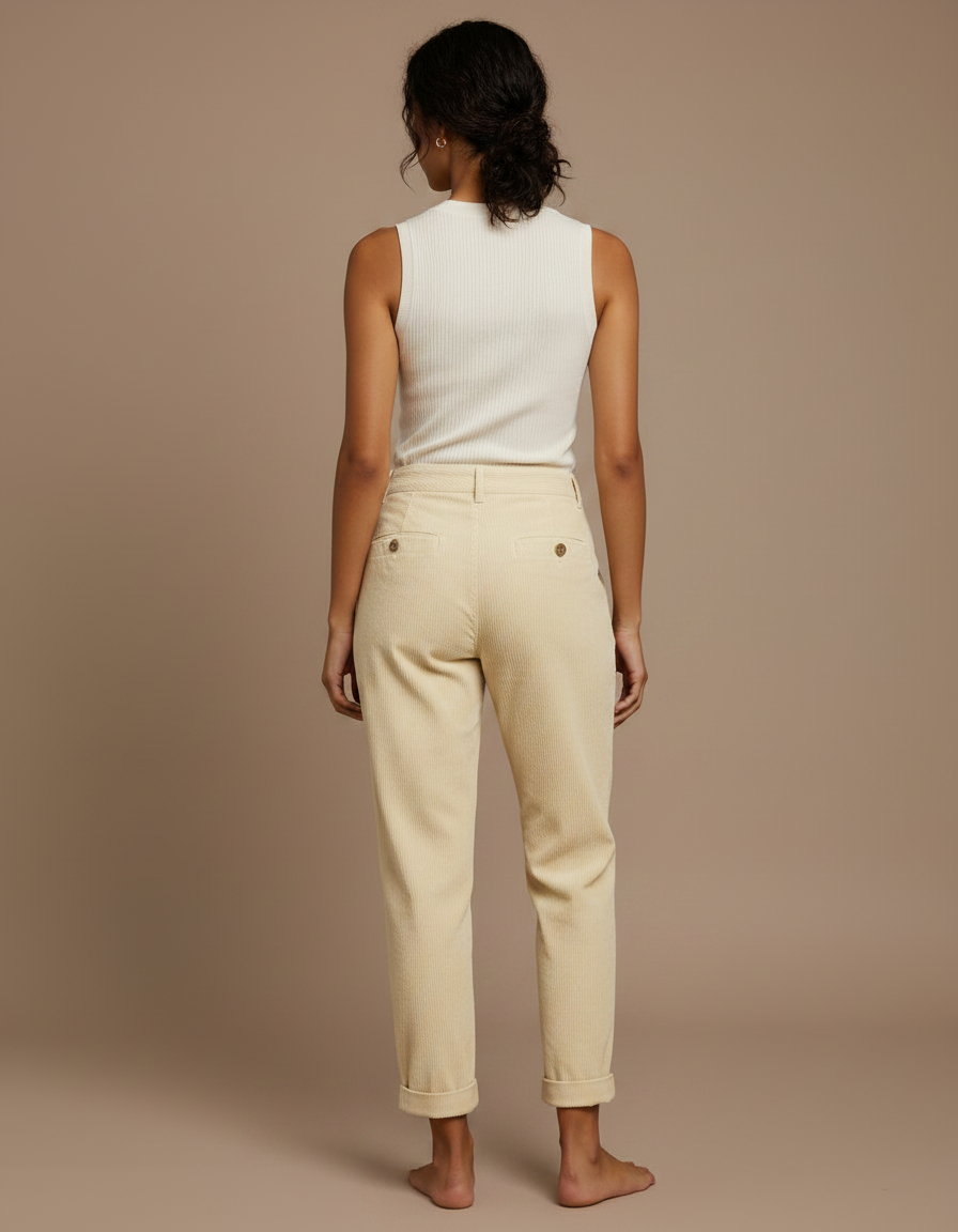 Pantalon Chino Velours Côtelé Écru Droit Décontracté Femme - Beige Cordé - vue 2