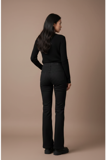 Pantalon Chino Noir Évasé Taille Haute Élégant - Gabardine - vue 2