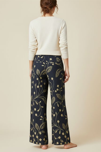 Pantalon Chino Large Imprimé Floral Bleu Marine Élégant Femme - Lin - vue 2