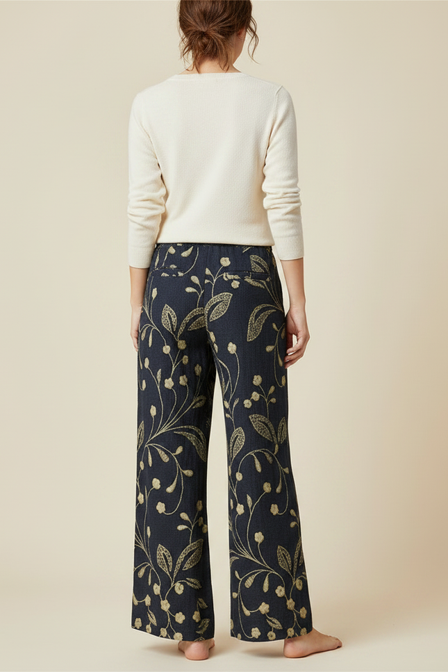 Pantalon Chino Large Imprimé Floral Bleu Marine Élégant Femme - Lin - vue 2