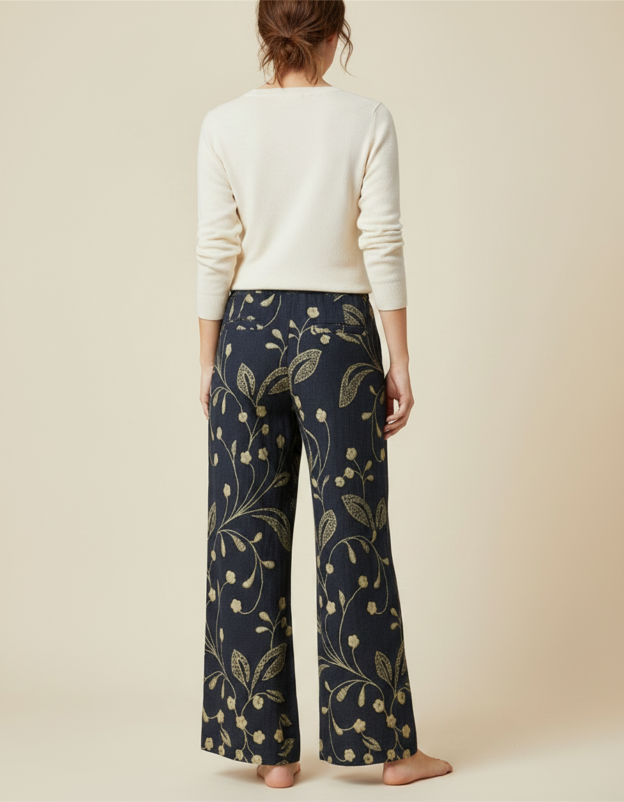 Pantalon Chino Large Imprimé Floral Bleu Marine Élégant Femme - Lin - vue 2