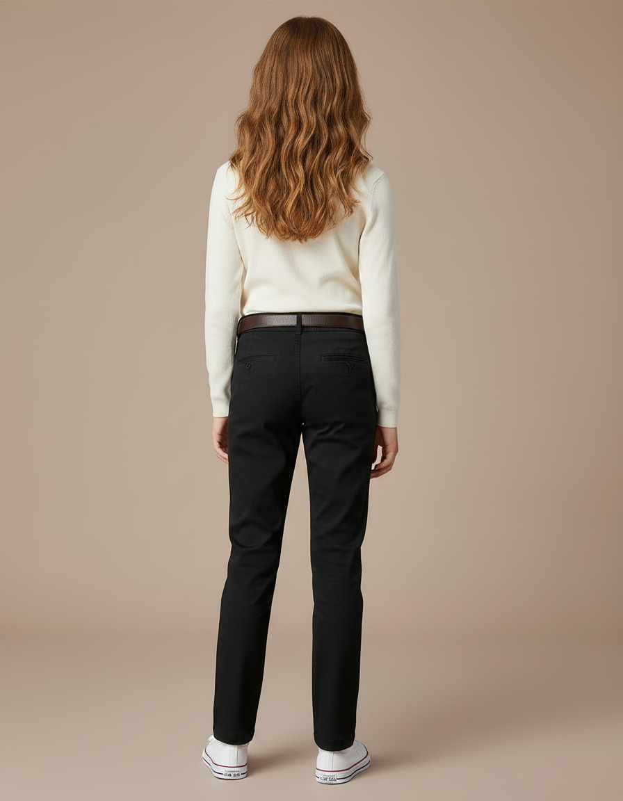 Pantalon Chino Noir Coton Coupe Droite Fille - Gabardine - vue 2