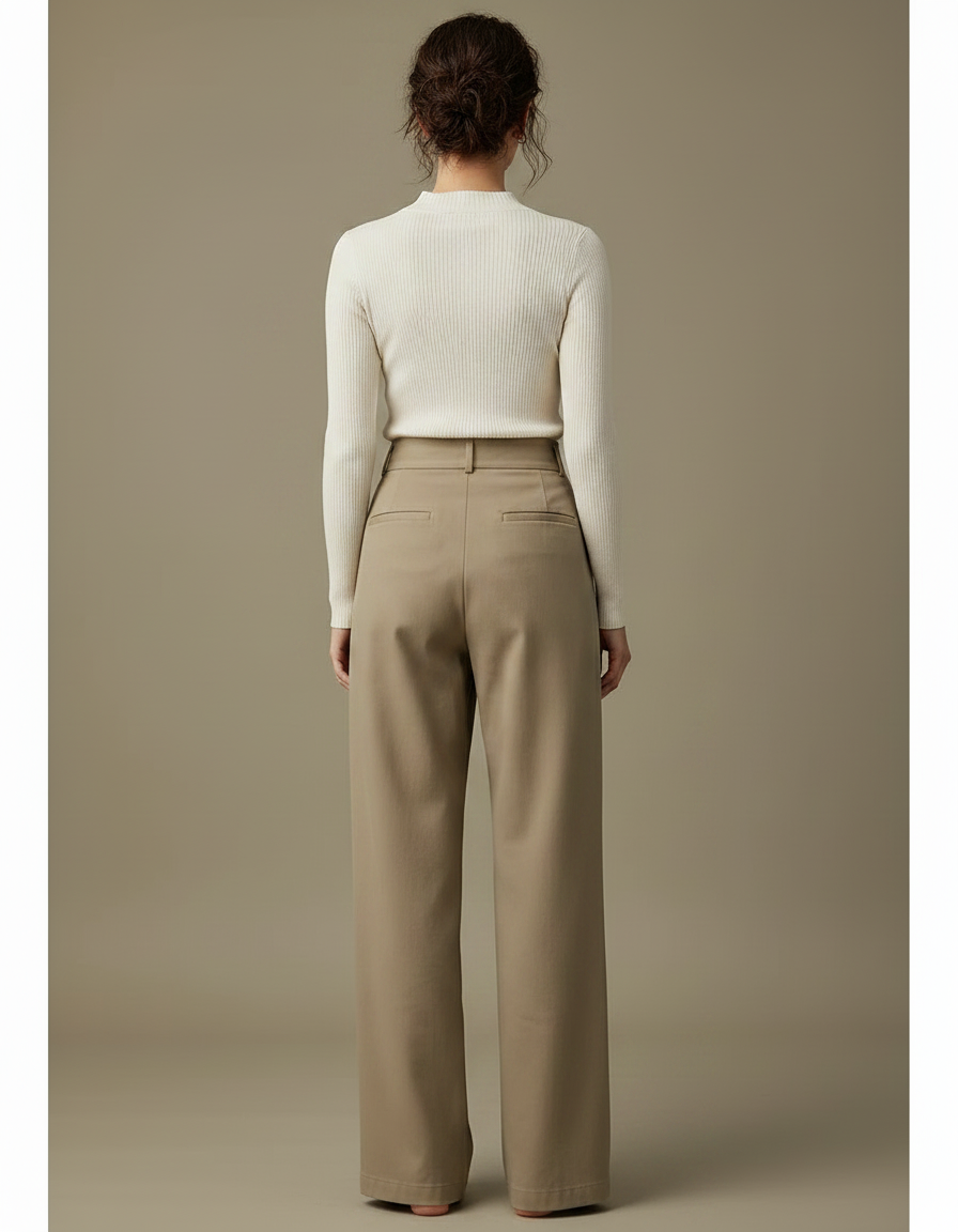 Pantalon Chino Femme Beige Fluide Taille Haute Décontracté - Gabardine - vue 2