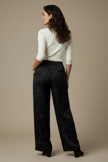 Pantalon Chino Large Noir Jacquard Satin Élégant Fluide - vue 2