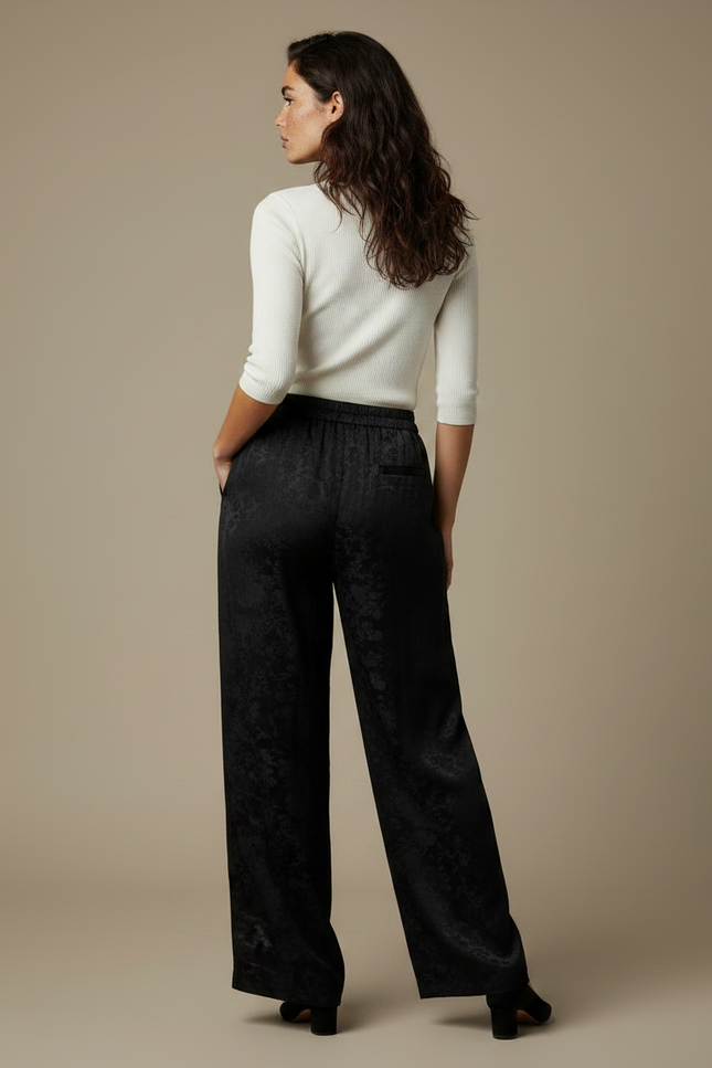 Pantalon Chino Large Noir Jacquard Satin Élégant Fluide - vue 2