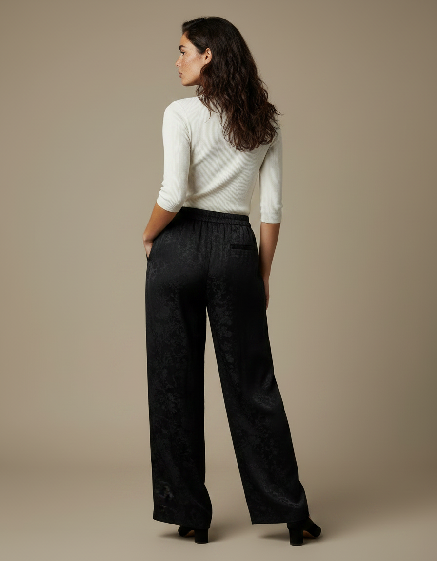 Pantalon Chino Large Noir Jacquard Satin Élégant Fluide - vue 2
