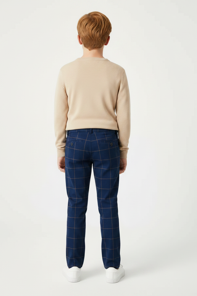 Pantalon Chino Bleu Marine Carreaux Marron Slim Garçon - Gabardine - vue 2