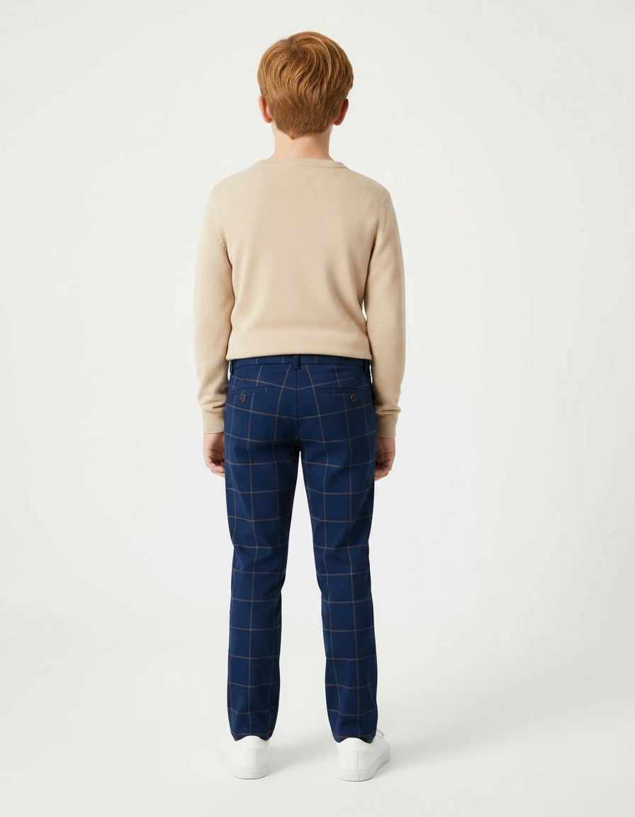 Pantalon Chino Bleu Marine Carreaux Marron Slim Garçon - Gabardine - vue 2