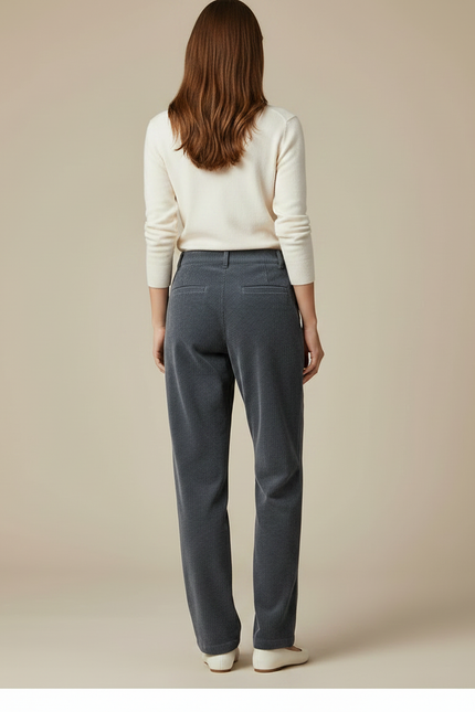 Pantalon Chino Gris Côtelé Droit Taille Haute Femme - Cordé - vue 2