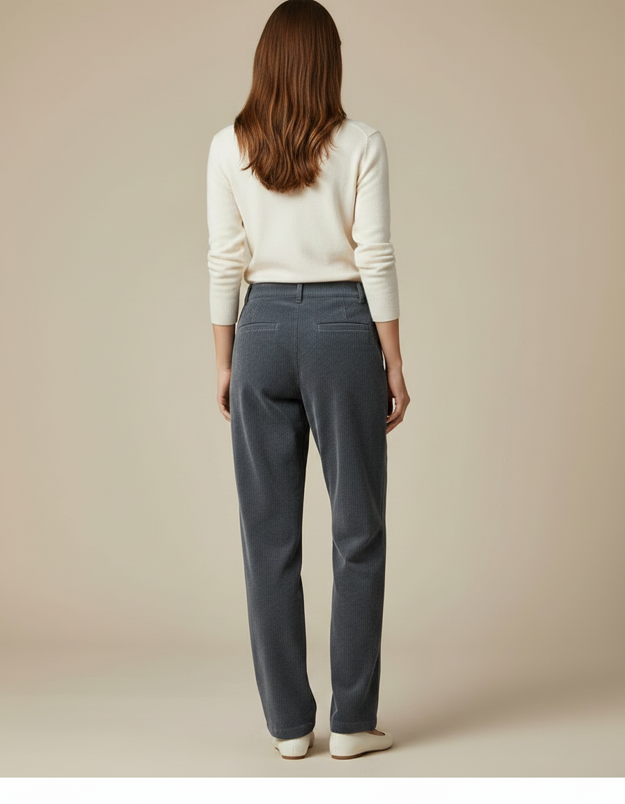 Pantalon Chino Gris Côtelé Droit Taille Haute Femme - Cordé - vue 2