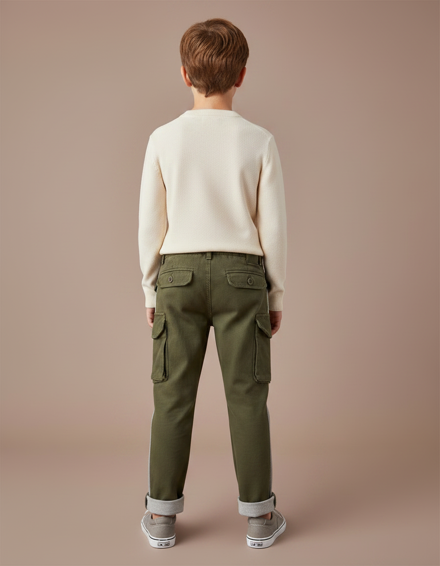 Pantalon Chino Kaki Cargo Bandes Latérales Coton Enfant - vue 2