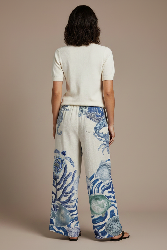 Pantalon Chino Large Imprimé Marin Fluide Femme - Lin - vue 2