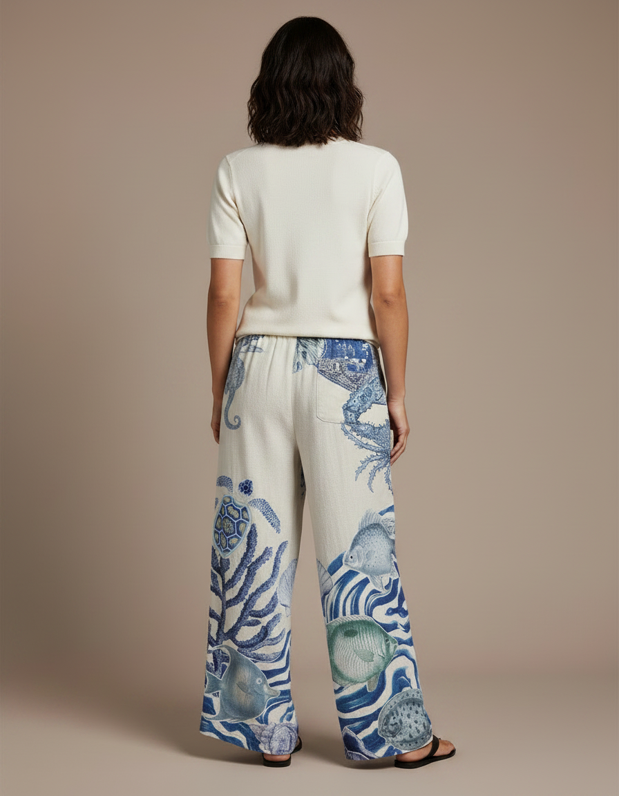 Pantalon Chino Large Imprimé Marin Fluide Femme - Lin - vue 2