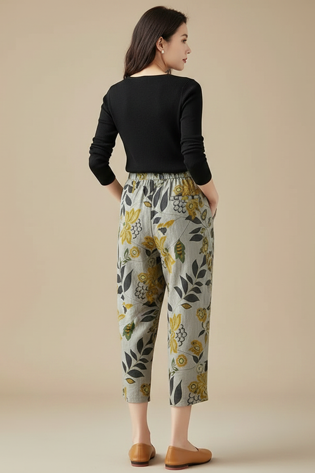 Pantalon Chino Gris Fleuri Ample Fluide Estival - Lin - vue 2