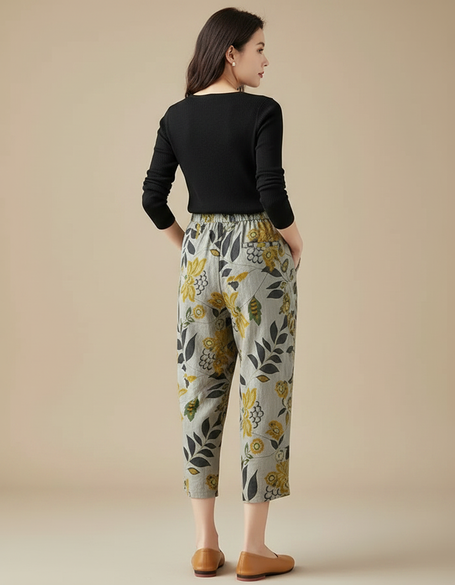 Pantalon Chino Gris Fleuri Ample Fluide Estival - Lin - vue 2
