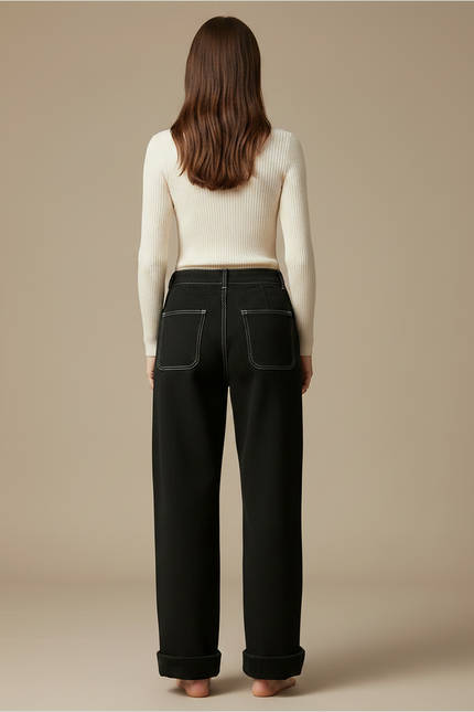 Pantalon Chino Noir Ample Épais Côtelé Femme - Cordé - vue 2