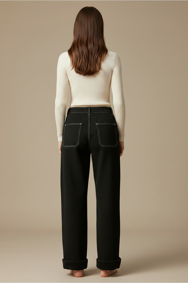 Pantalon Chino Noir Ample Épais Côtelé Femme - Cordé - vue 2