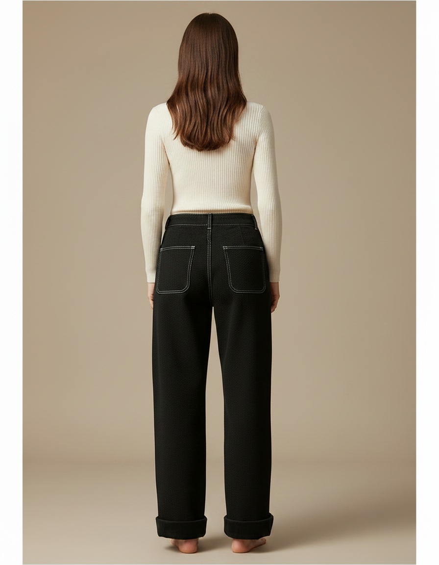 Pantalon Chino Noir Ample Épais Côtelé Femme - Cordé - vue 2