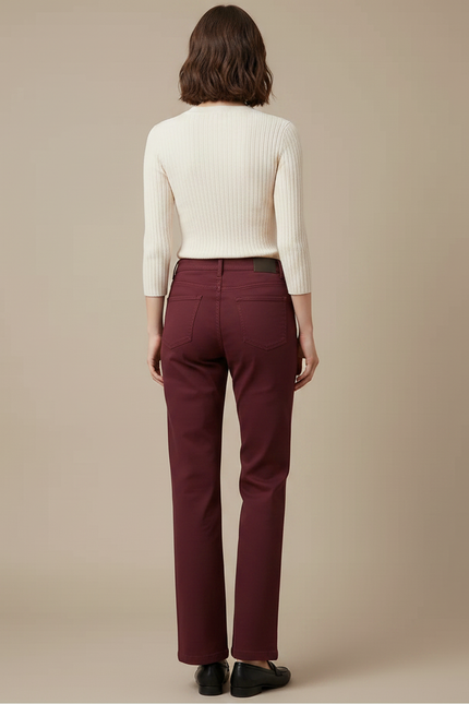 Pantalon Chino Bordeaux Coton Droit Taille Haute Femme - vue 2