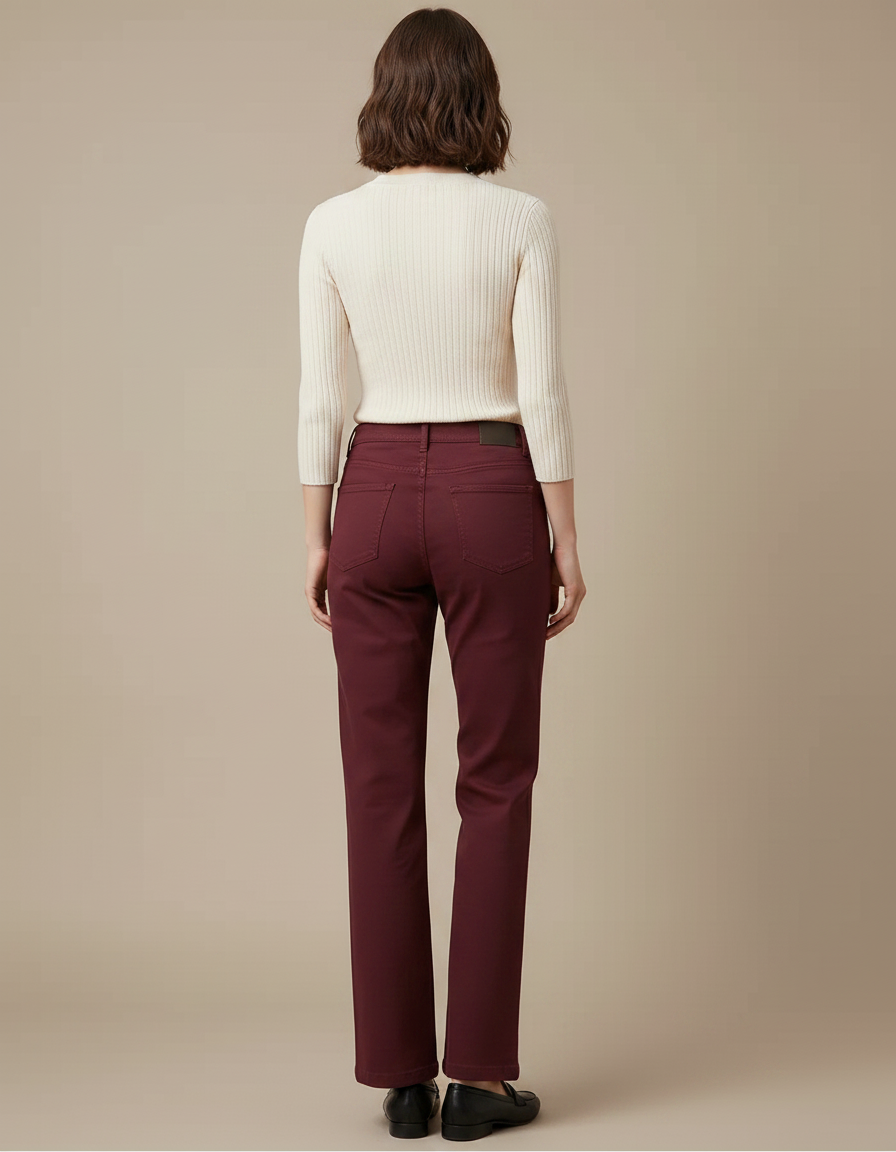 Pantalon Chino Bordeaux Coton Droit Taille Haute Femme - vue 2
