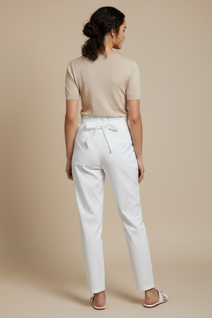 Pantalon Chino Blanc Taille Haute Ceinturé Slim Femme - Polyester - vue 2