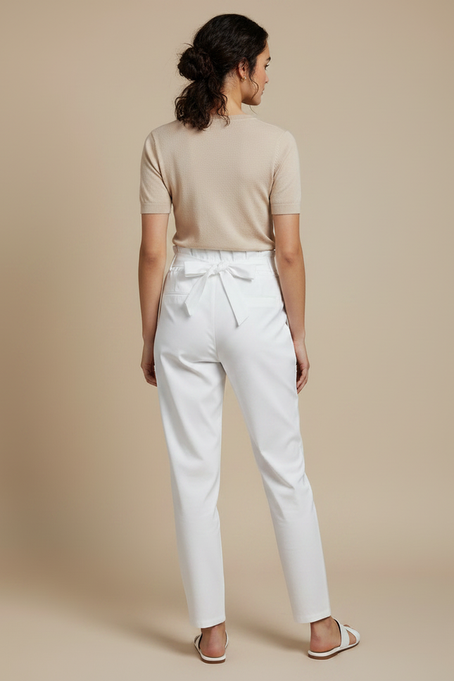 Pantalon Chino Blanc Taille Haute Ceinturé Slim Femme - Polyester - vue 2