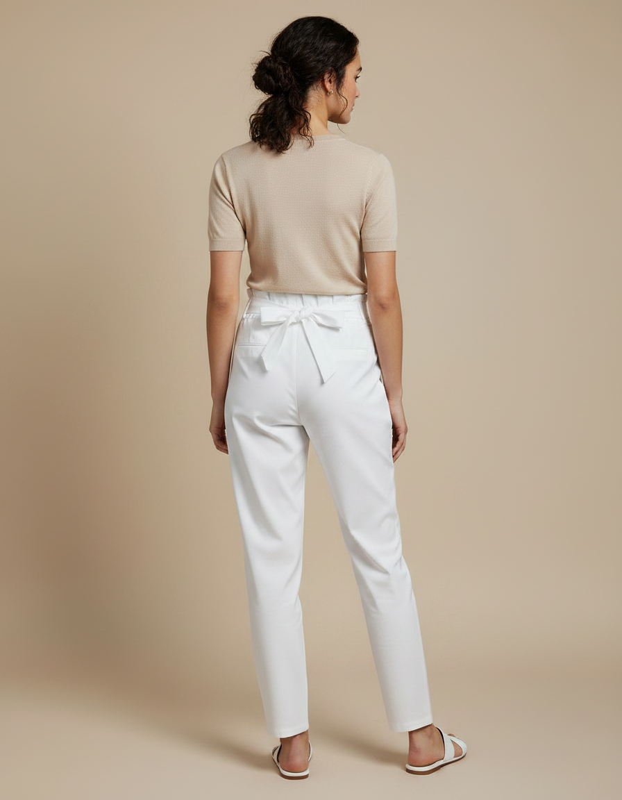 Pantalon Chino Blanc Taille Haute Ceinturé Slim Femme - Polyester - vue 2