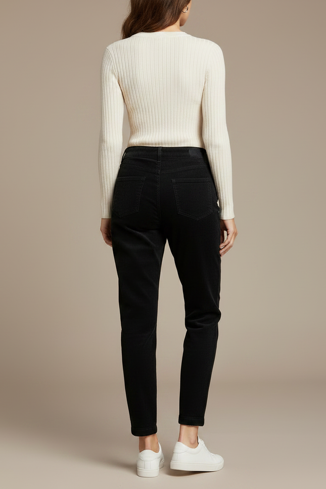 Pantalon Chino Noir Côtelé Décontracté Taille Haute Femme - Cordé - vue 2