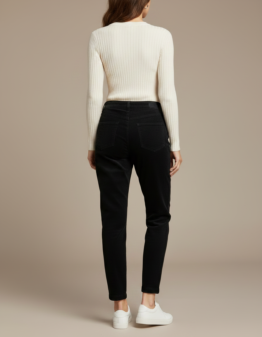 Pantalon Chino Noir Côtelé Décontracté Taille Haute Femme - Cordé - vue 2