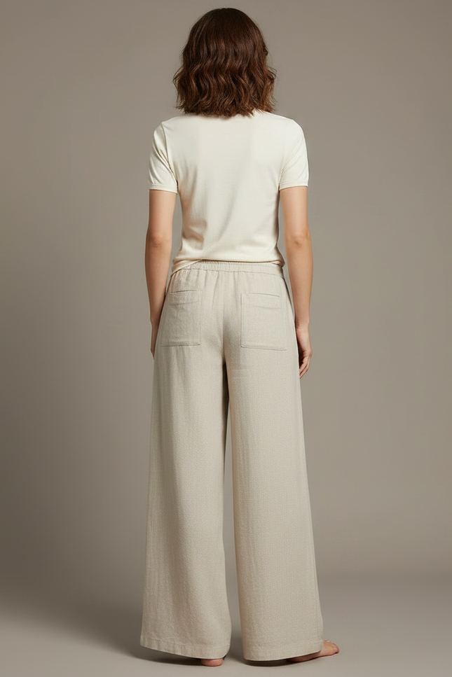 Pantalon Chino Beige Lin Ample Cordon Fluide - vue 2