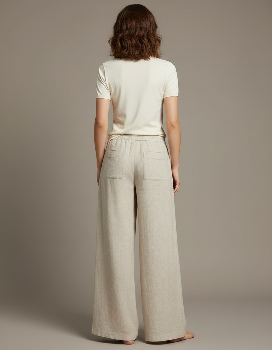 Pantalon Chino Beige Lin Ample Cordon Fluide - vue 2