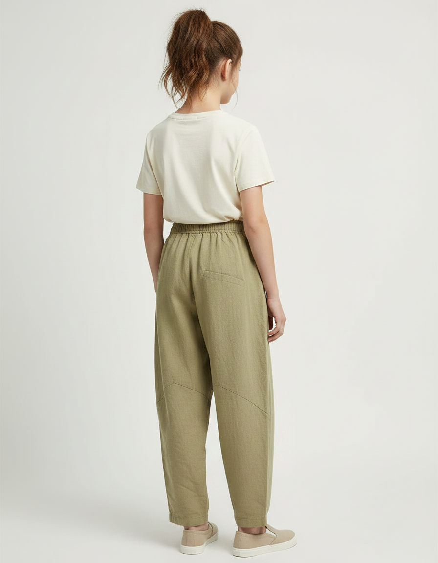 Pantalon Chino Vert Ample Coton Lin Enfant - Kaki - vue 2