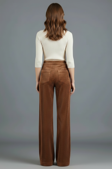 Pantalon Chino Large Côtelé Marron Taille Haute Femme - Cordé - vue 2