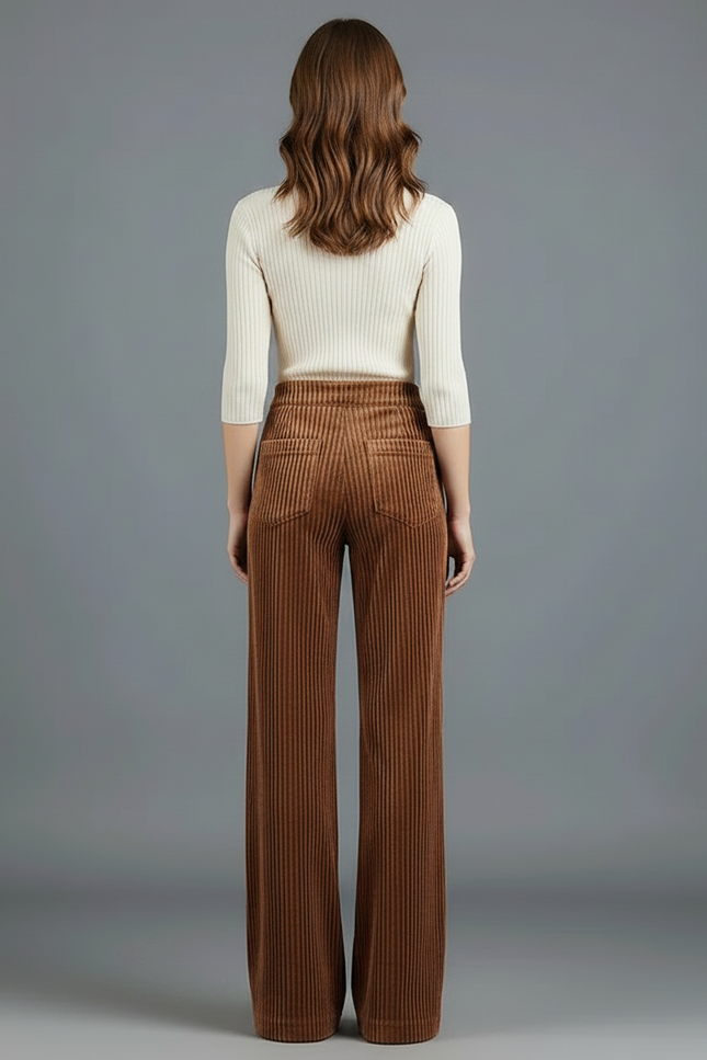 Pantalon Chino Large Côtelé Marron Taille Haute Femme - Cordé - vue 2