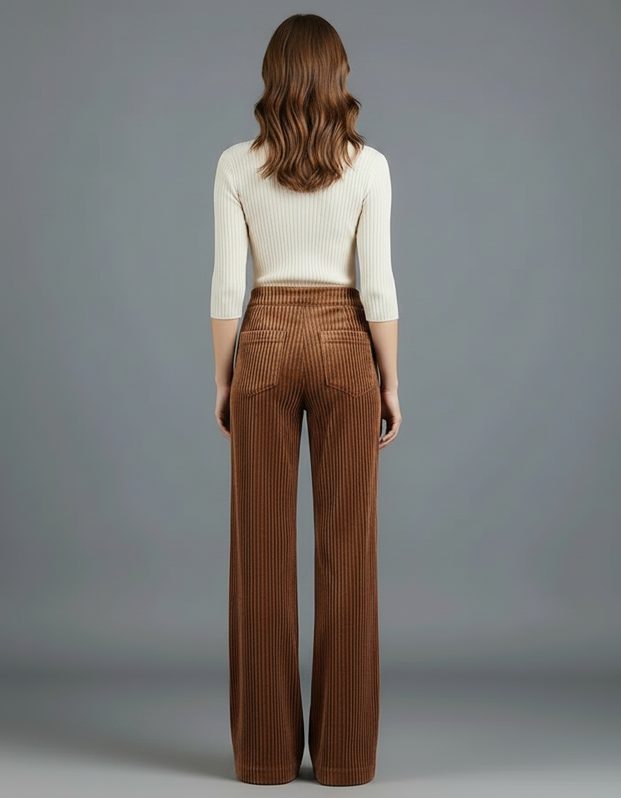 Pantalon Chino Large Côtelé Marron Taille Haute Femme - Cordé - vue 2