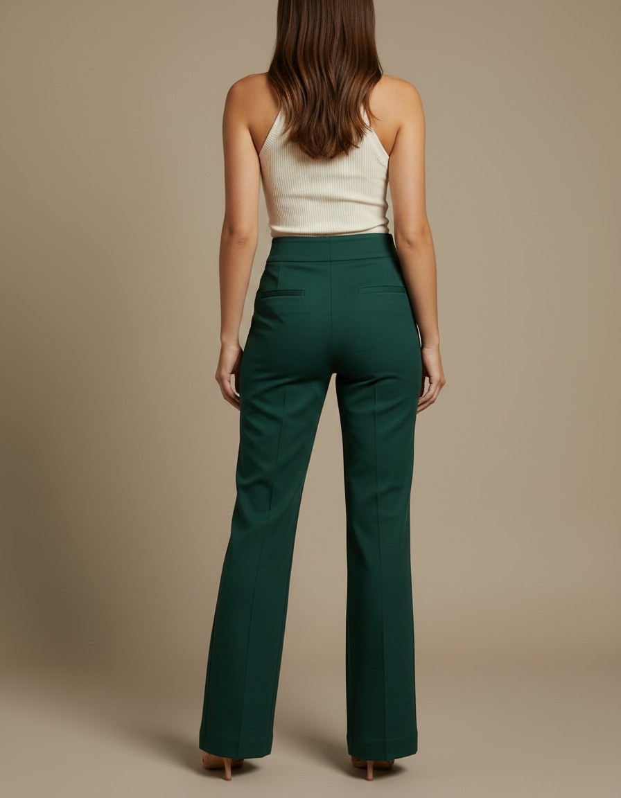 Pantalon Chino Vert Émeraude Évasé Taille Haute Élégant - Gabardine - vue 2