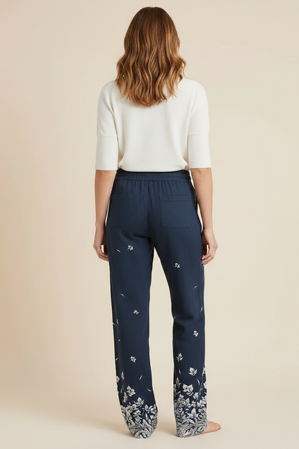 Pantalon Chino Bleu Marine Floral Ample Cordon - Lin - vue 2