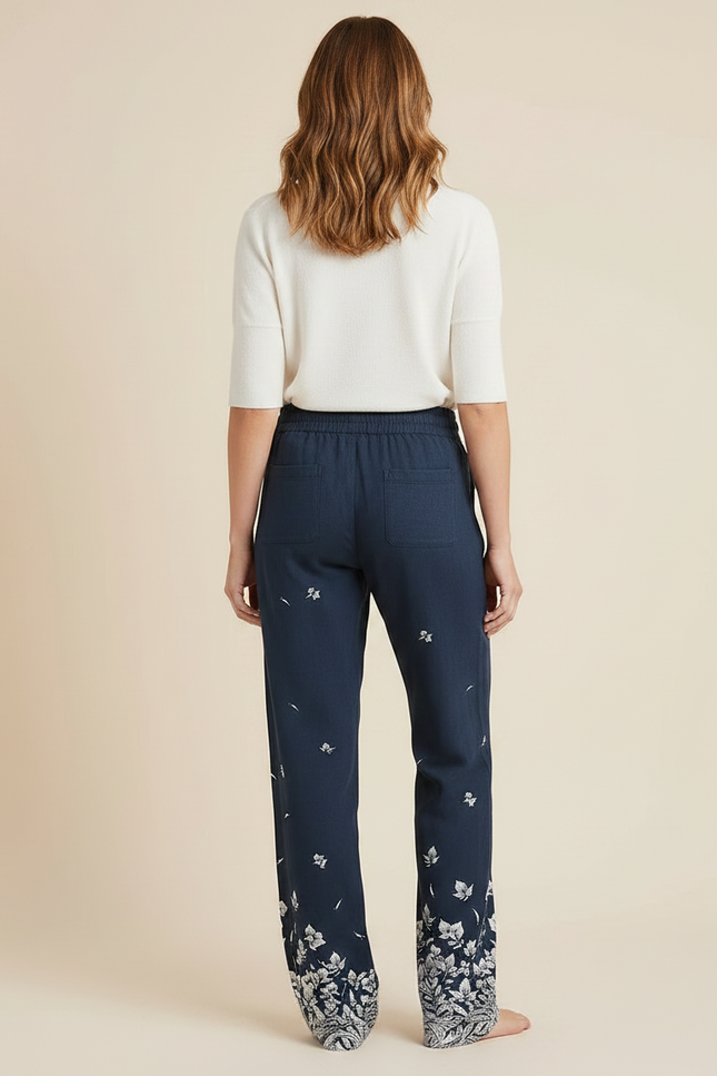 Pantalon Chino Bleu Marine Floral Ample Cordon - Lin - vue 2